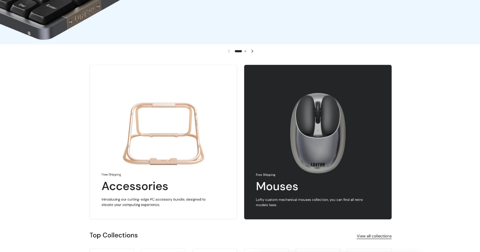 Media with text overlay section with a white Accessories card and a dark Mouses card, each with a caption, title and text over a product image.