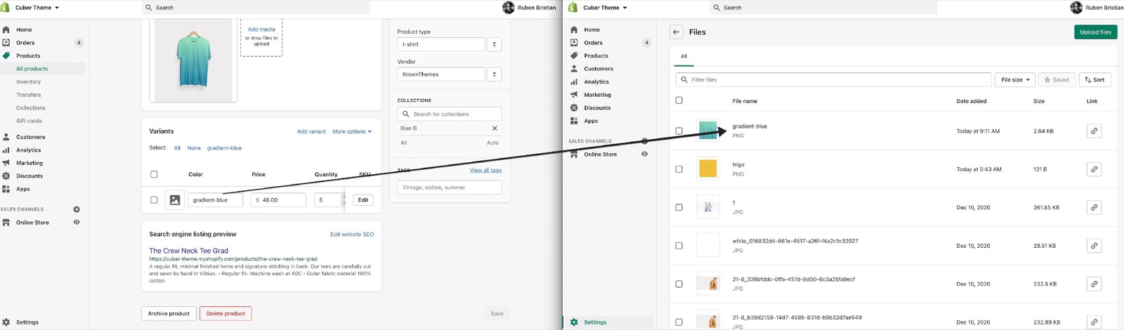 Old Shopify admin screens showing a product variant named gradient-blue and the Files page with an uploaded gradient-blue PNG image, with an arrow linking the variant value to the matching file name.