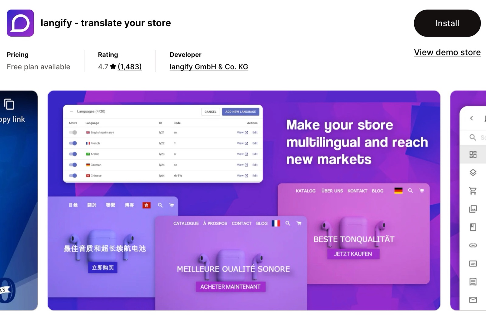 langify – translate your store App Store listing: free plan available, and a banner "Make your store multilingual and reach new markets".