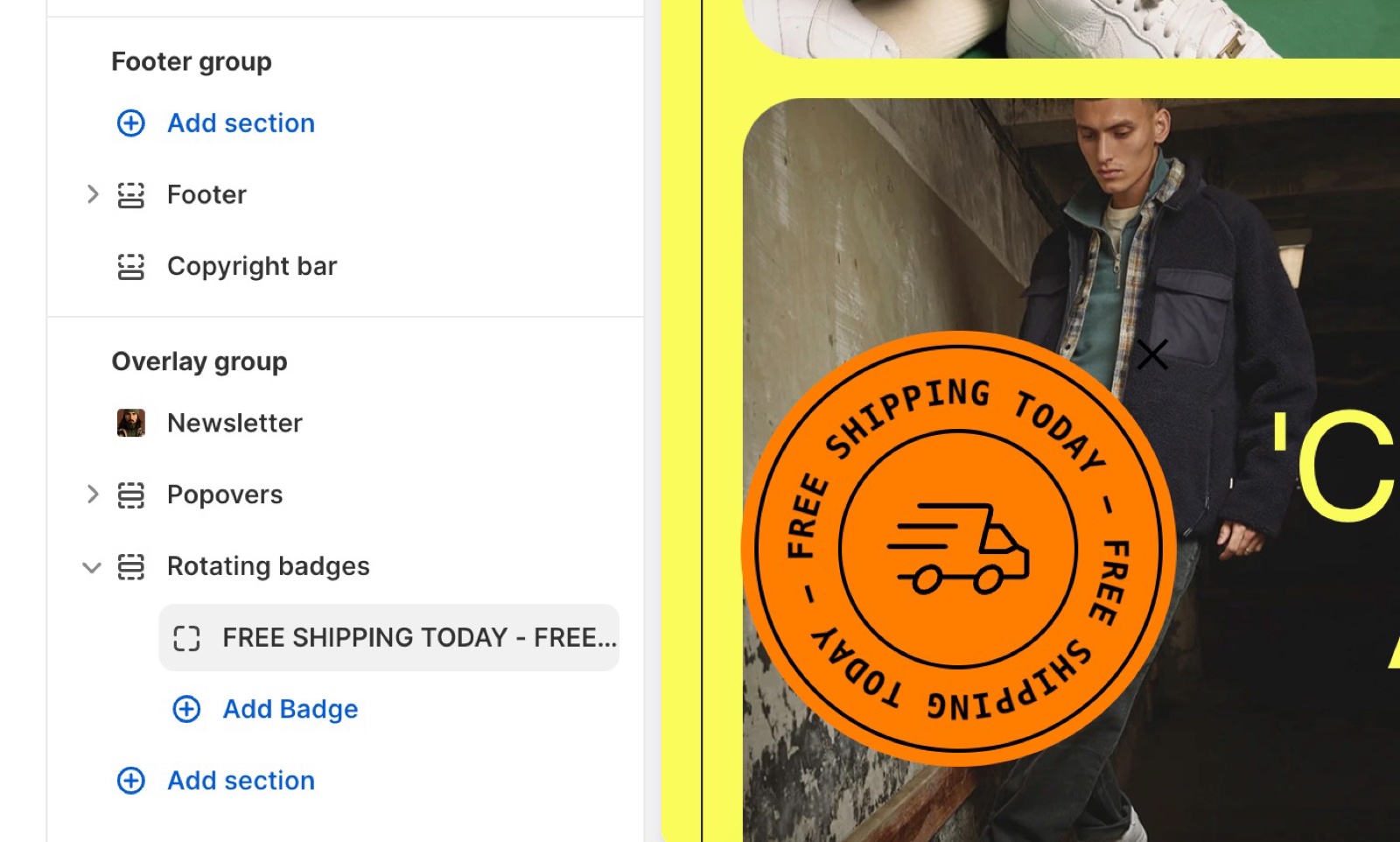 Theme editor sidebar with Footer group (Footer, Copyright bar) and Overlay group (Newsletter, Popovers, Rotating badges with a FREE SHIPPING TODAY badge block and Add Badge), next to an orange rotating badge with a truck icon.