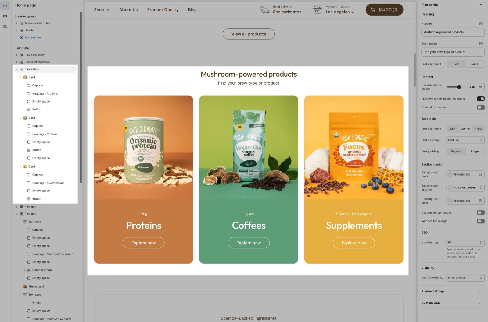 Theme editor with a Flex cards section open: three Card blocks, each with Caption, Heading, Empty space and Button blocks; the panel shows Heading, Content (Desktop media height, Preserve media height on mobile, Don't show media), Text style, Section design, SEO and Visibility, beside three product category cards.