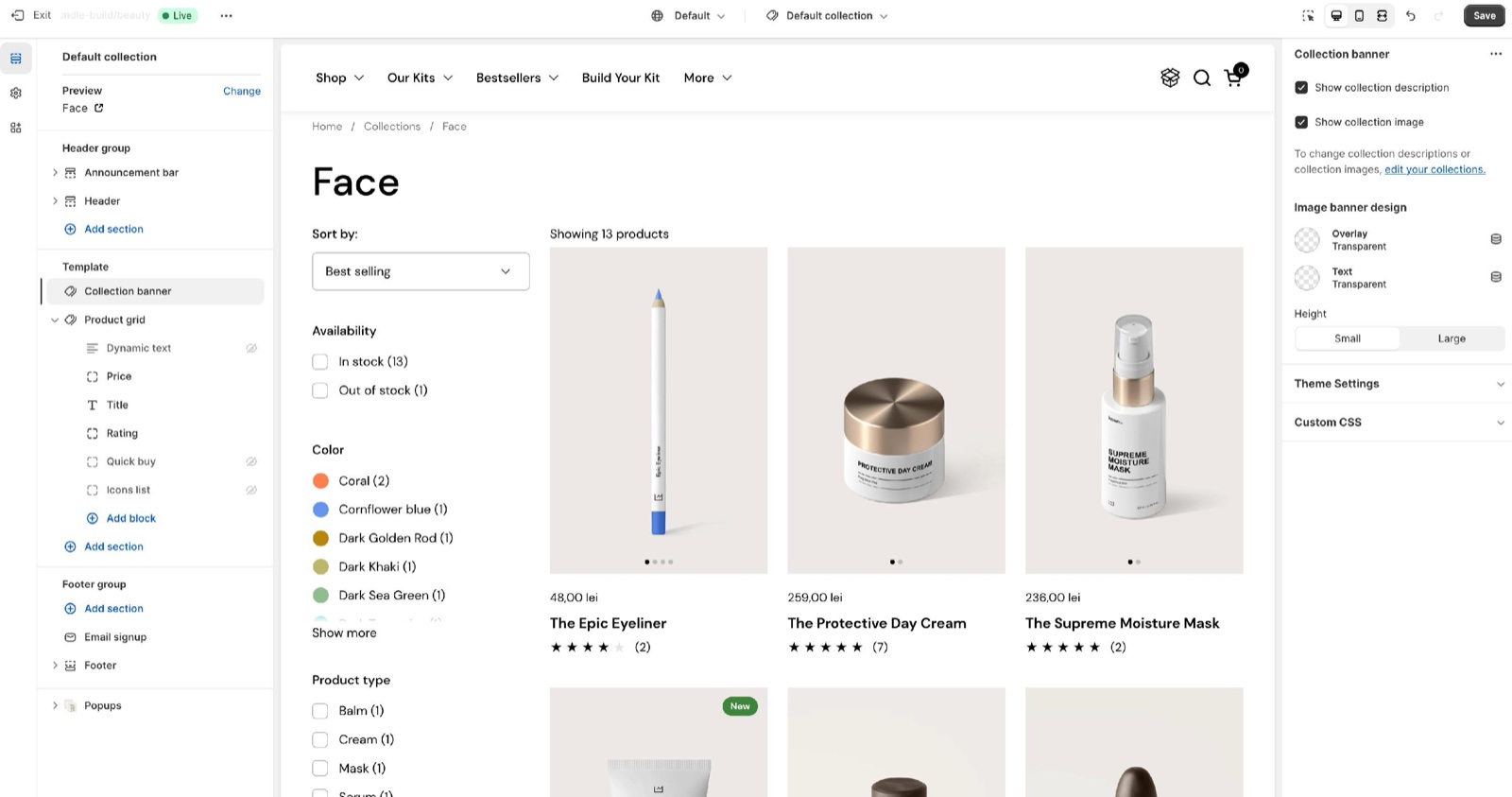 Theme editor Default collection template with the Collection banner selected (Show collection description, Show collection image, Overlay, Text, Height Small / Large) and the Product grid blocks in the sidebar, beside the Face collection page.