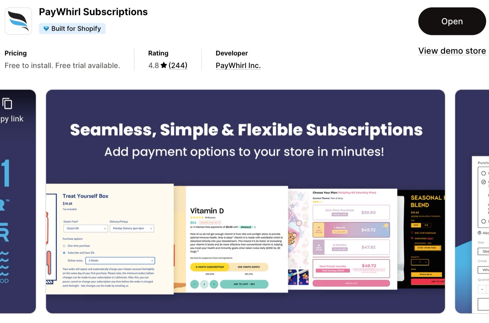 PayWhirl Subscriptions App Store listing: free to install, rating 4.8, and a banner "Seamless, Simple & Flexible Subscriptions".