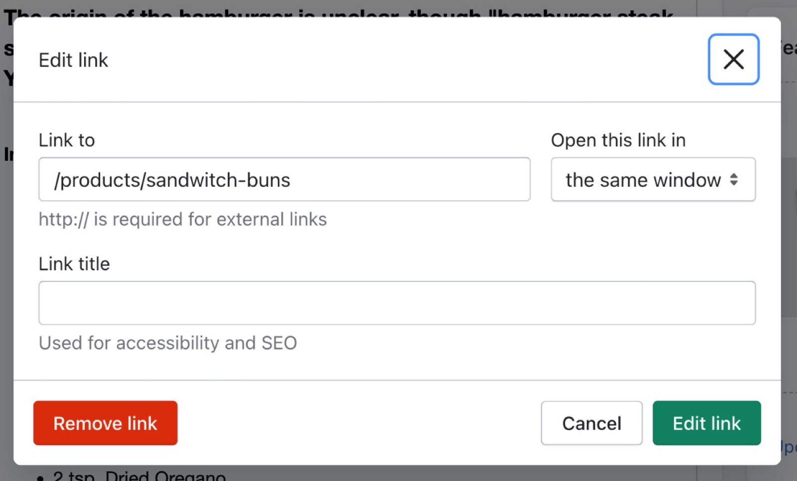 Shopify rich text Edit link dialog with Link to set to the relative path /products/sandwitch-buns, Open this link in the same window, and an empty Link title.