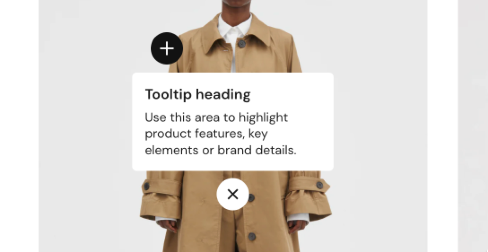 Storefront text hotspot tooltip: a white card with a heading and a short text opened from a plus hotspot on a coat photo.