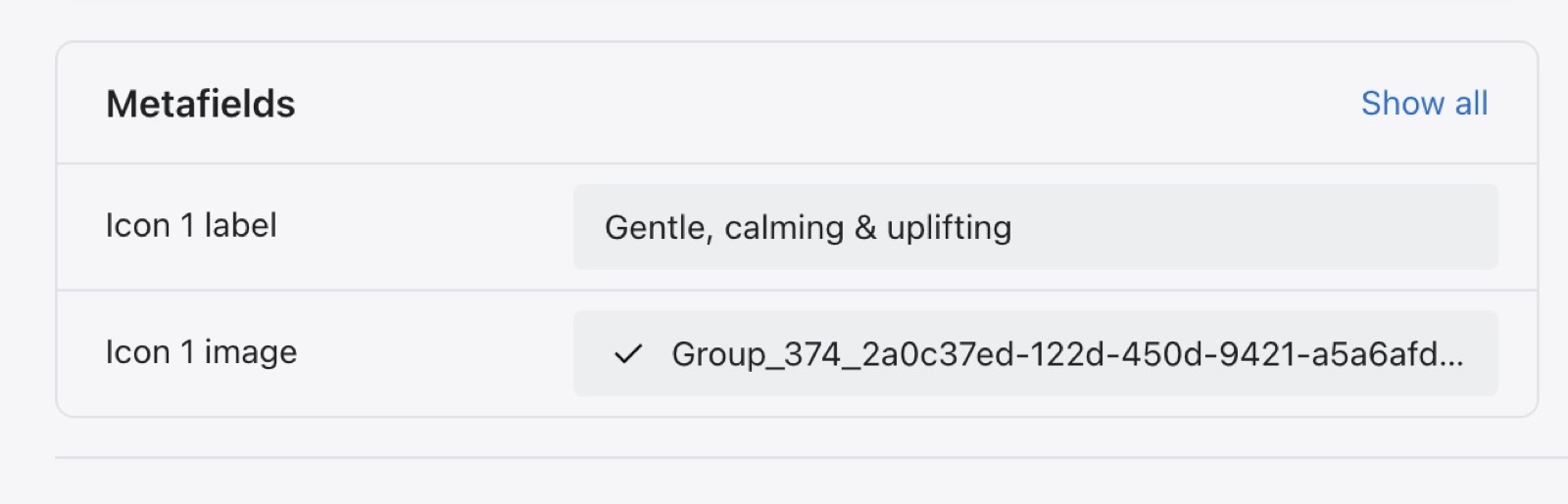 Shopify admin product page Metafields card with Icon 1 label filled in as "Gentle, calming & uplifting" and an image file selected for Icon 1 image.