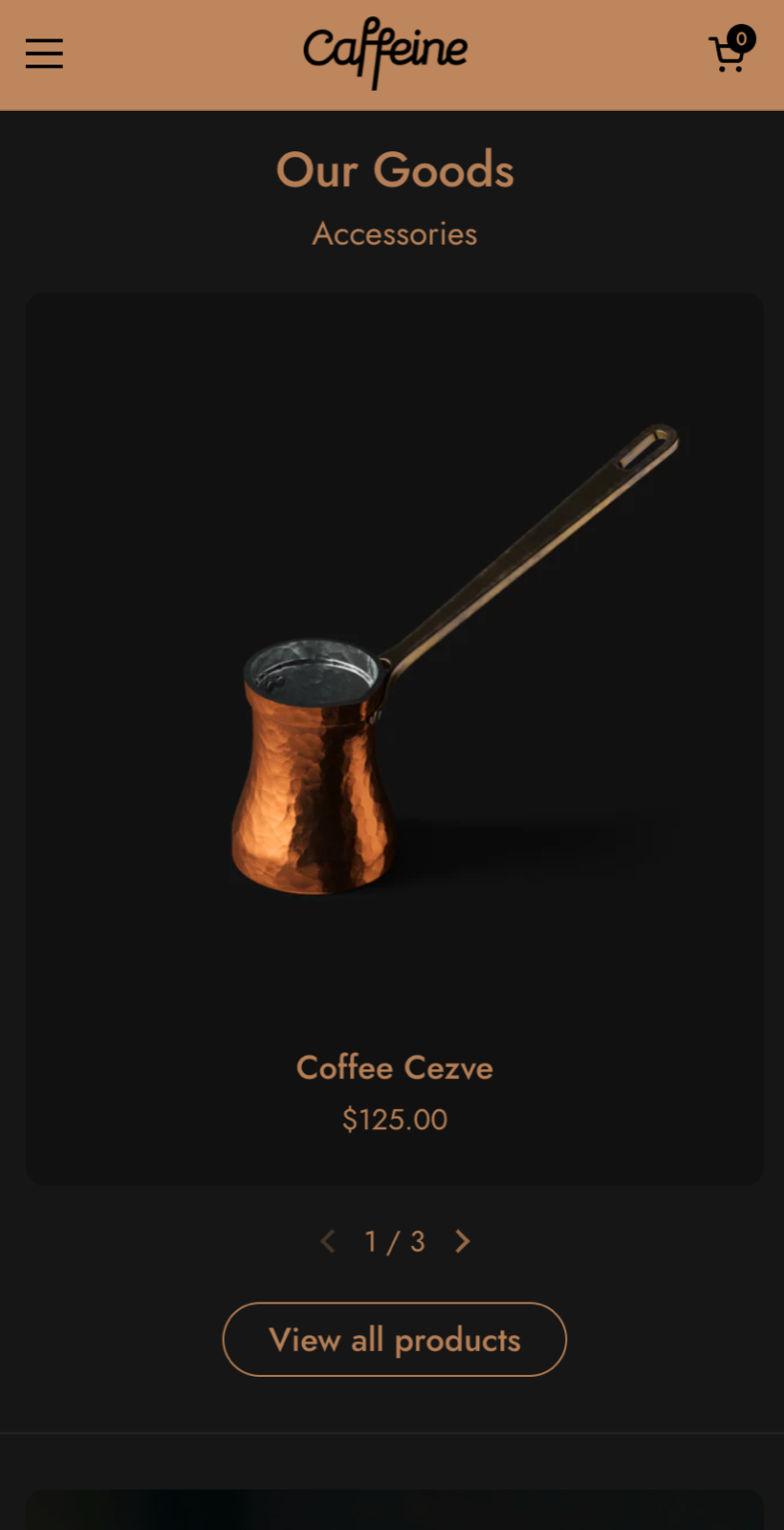 Featured collection slider on a mobile screen with Mobile layout set to 1 column: one Coffee Cezve card per slide and a 1 / 3 counter.