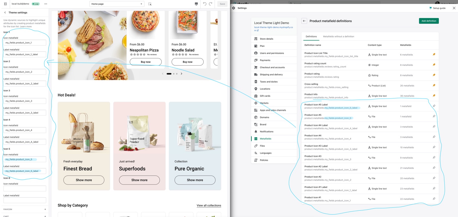 Theme settings → Product card → Dynamic icons list with Icon metafield and Label metafield fields filled with my_fields.product_icon_1 to _5 references, next to Shopify admin → Settings → Metafields → Products, where each icon has a File definition and a Single line text label definition.