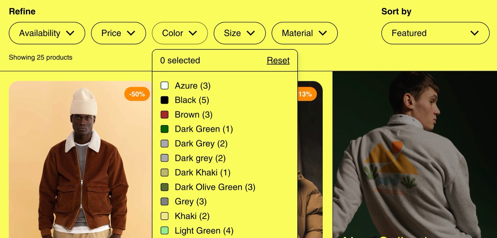 Storefront collection page on the RAW preset with the Color filter dropdown open, listing color values such as Azure, Black, Brown, Dark Green and Dark Olive Green, each with a small color swatch square.