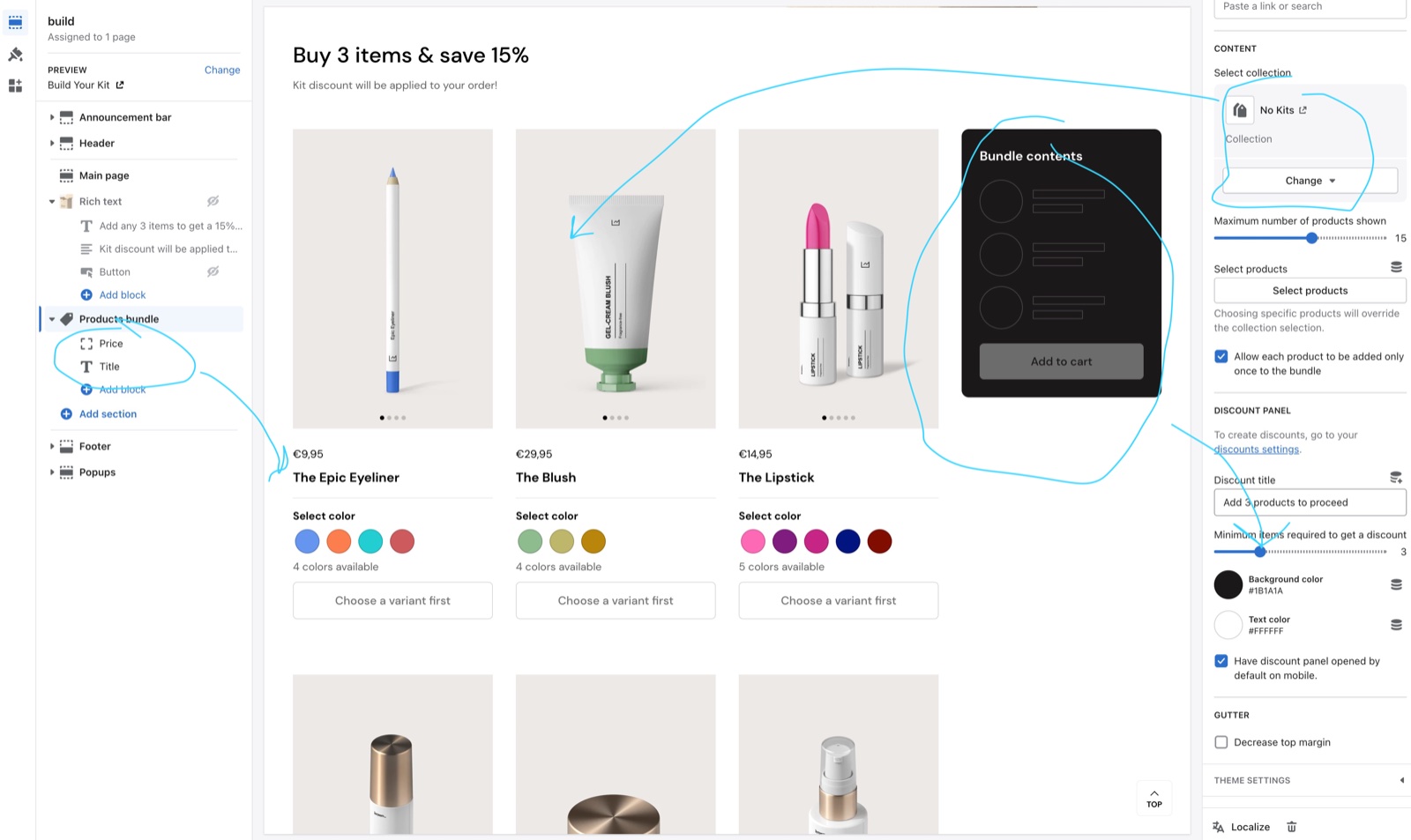 Theme editor Products bundle section on the Build Your Kit page (Select collection, Maximum number of products shown, Select products, Allow each product to be added only once to the bundle, Discount title, Minimum items required to get a discount 3, panel colors) beside the product grid and the dark Bundle contents panel.