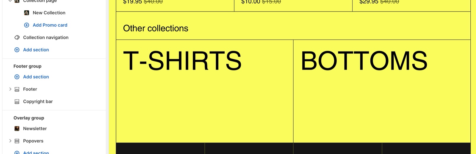 Theme editor sidebar showing the Collection navigation section under the Collection page template, next to the storefront Other collections section listing T-SHIRTS and BOTTOMS as large text links.