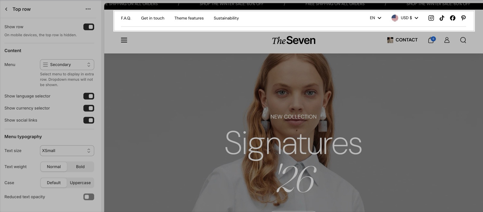 Theme editor Header > Top row panel (Show row, Menu, language and currency selectors, social links, Menu typography) with the top row highlighted in the preview.