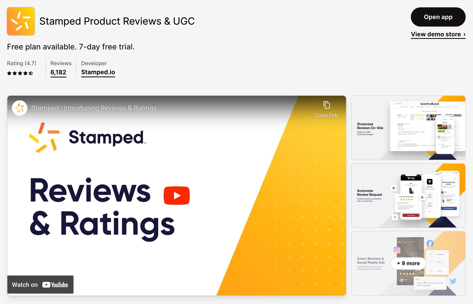 Stamped Product Reviews & UGC App Store listing in December 2023: price line, rating, review count and the app's promo video.
