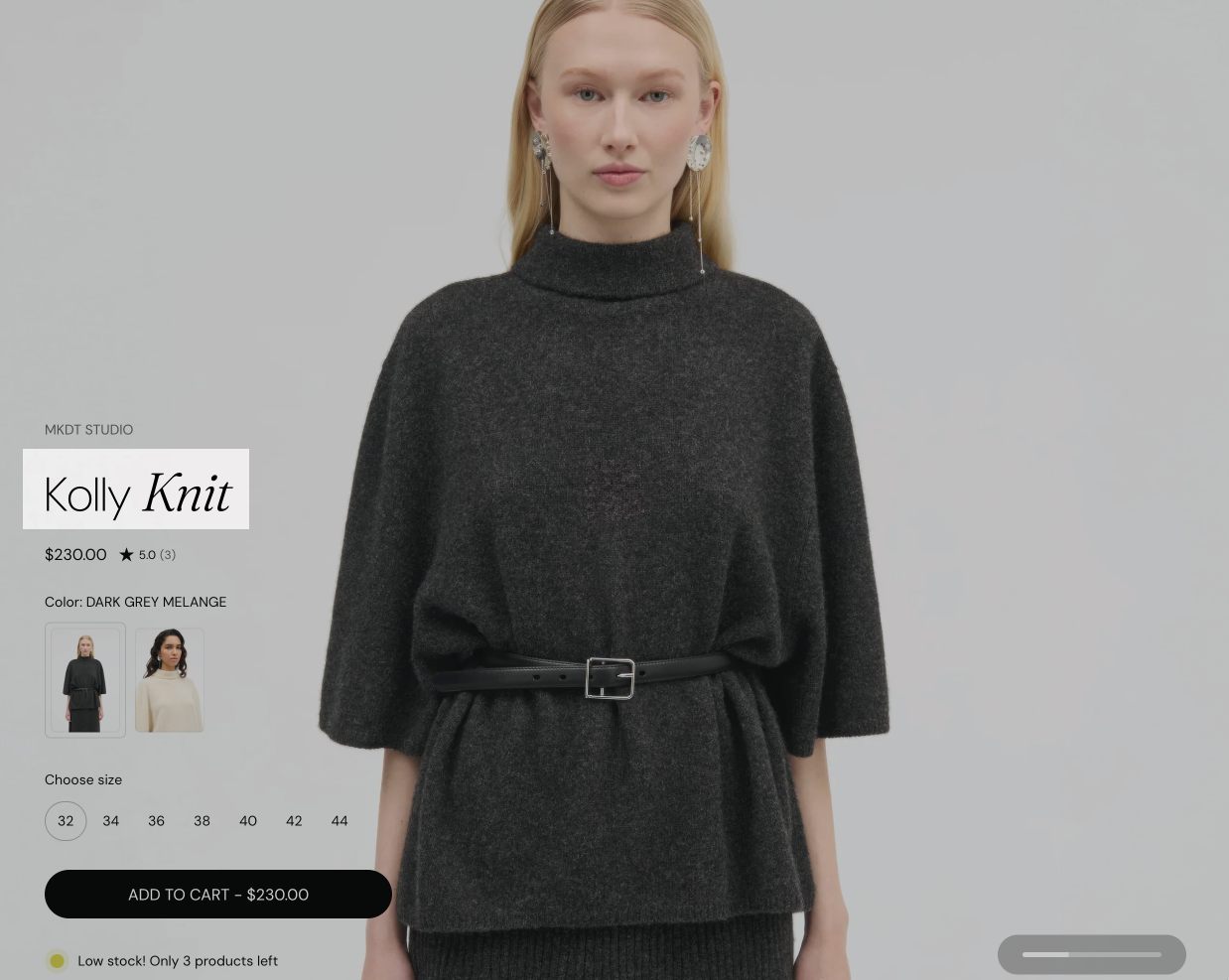 Storefront product page with the Product title block highlighted: the product name Kolly Knit above the price and color options.