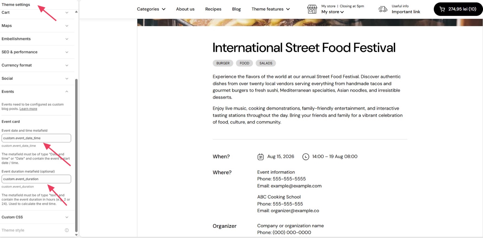 Theme settings → Events open in the theme editor with Event date and time metafield custom.event_date_time and Event duration metafield (optional) custom.event_duration, beside an event page for the International Street Food Festival with When?, Where? and Organizer rows.