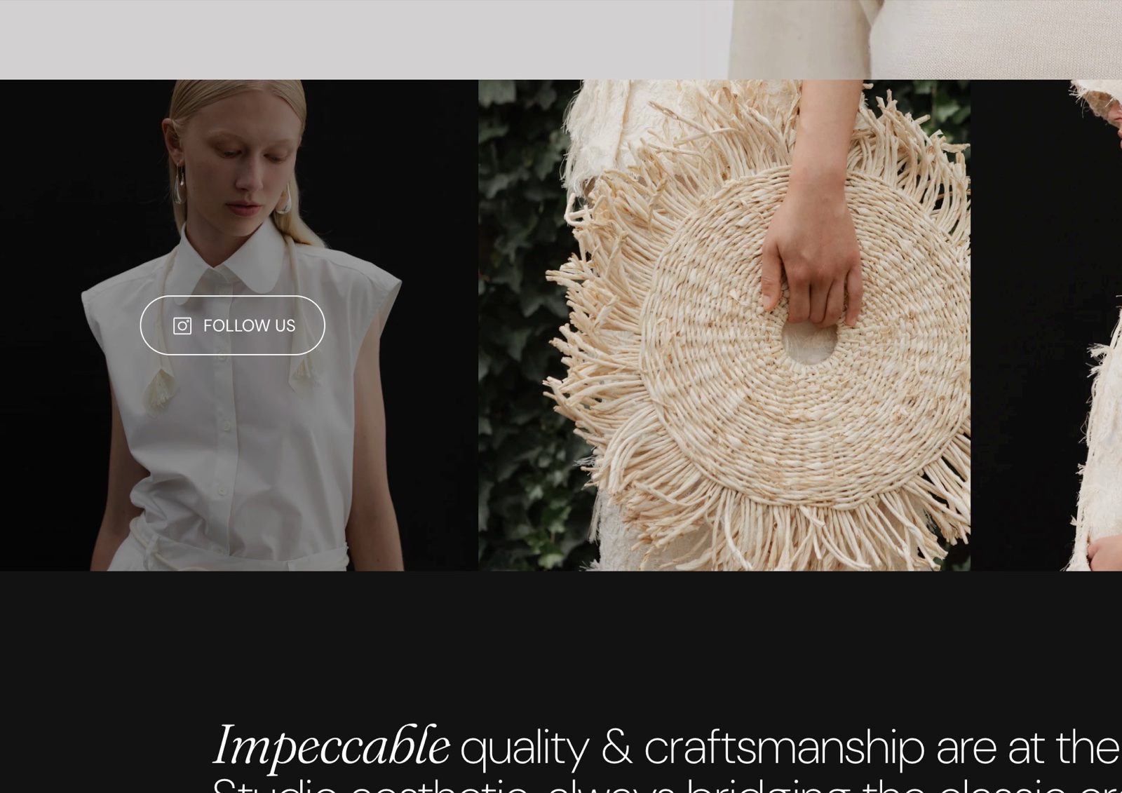 Storefront row of full-height model photos with a Follow us button on the first photo and an accent italic statement below.