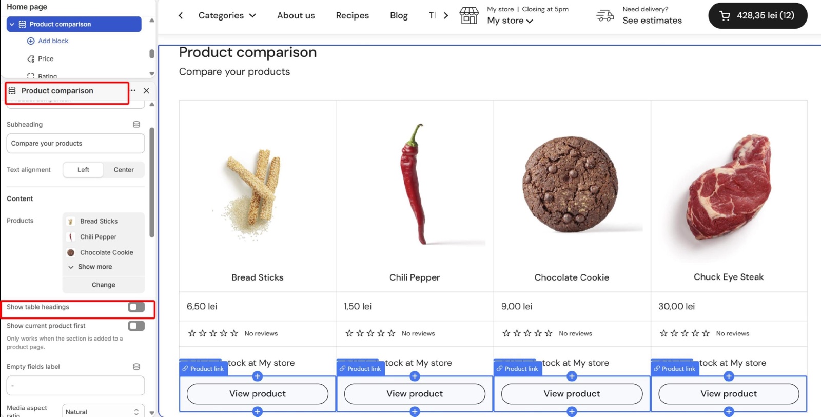 Product comparison section with Show table headings turned off: the table has no left column of row labels.