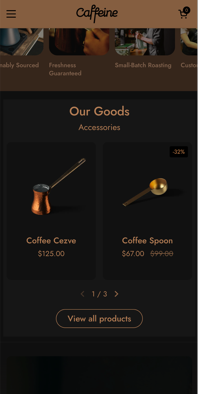 Featured collection slider on a mobile screen with Mobile layout set to 2 columns: Coffee Cezve and Coffee Spoon side by side.