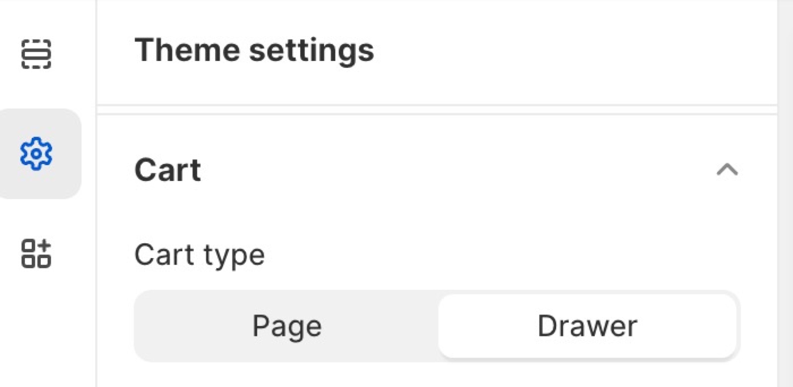 Theme editor, Theme settings → Cart panel showing the Cart type setting with the Page and Drawer options, Drawer selected.