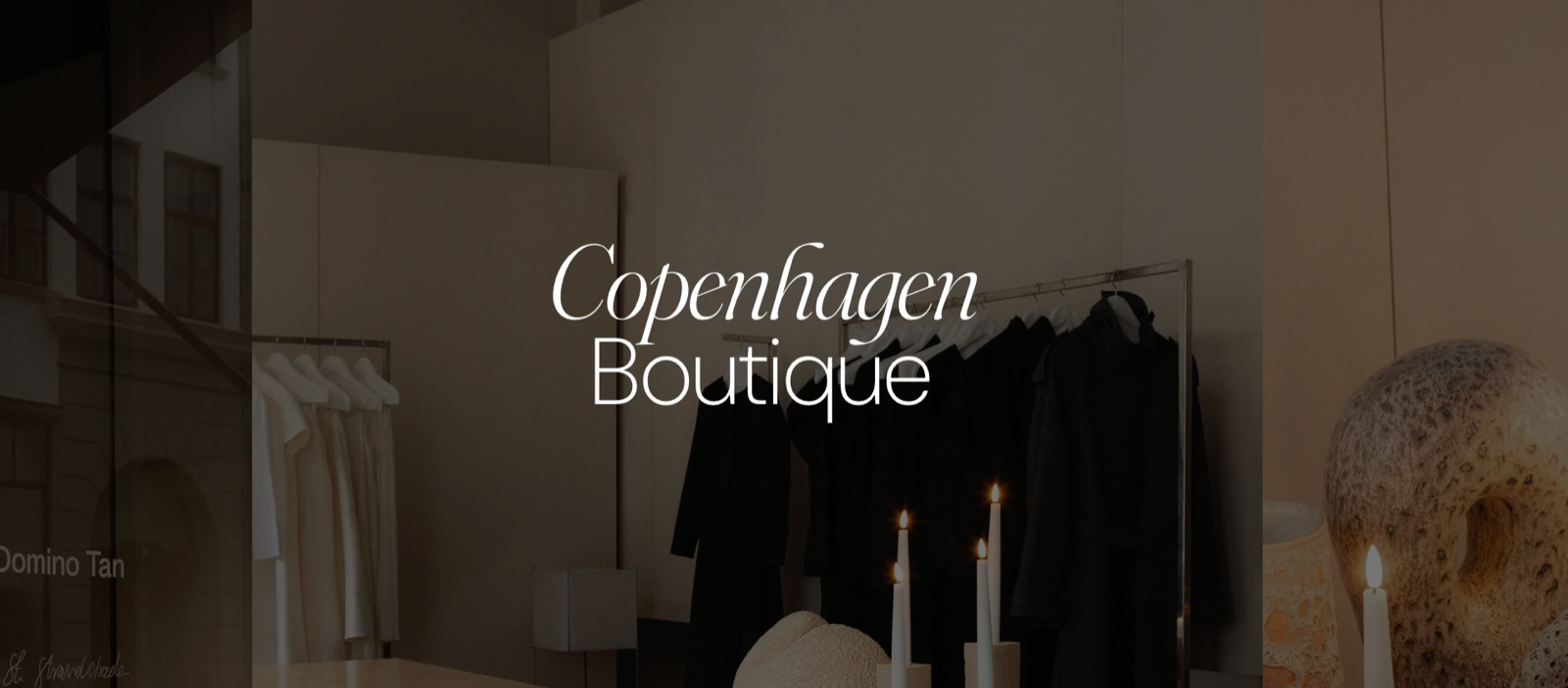 Storefront Heading block over a boutique interior photo: the heading Copenhagen Boutique with an accent italic first word.