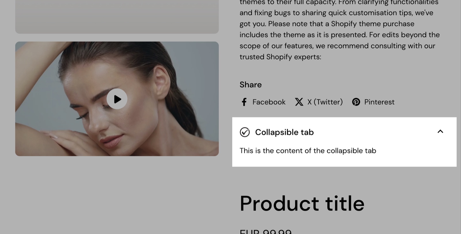 Product page with an open Collapsible tab block highlighted: a check icon, the title Collapsible tab and the text This is the content of the collapsible tab.