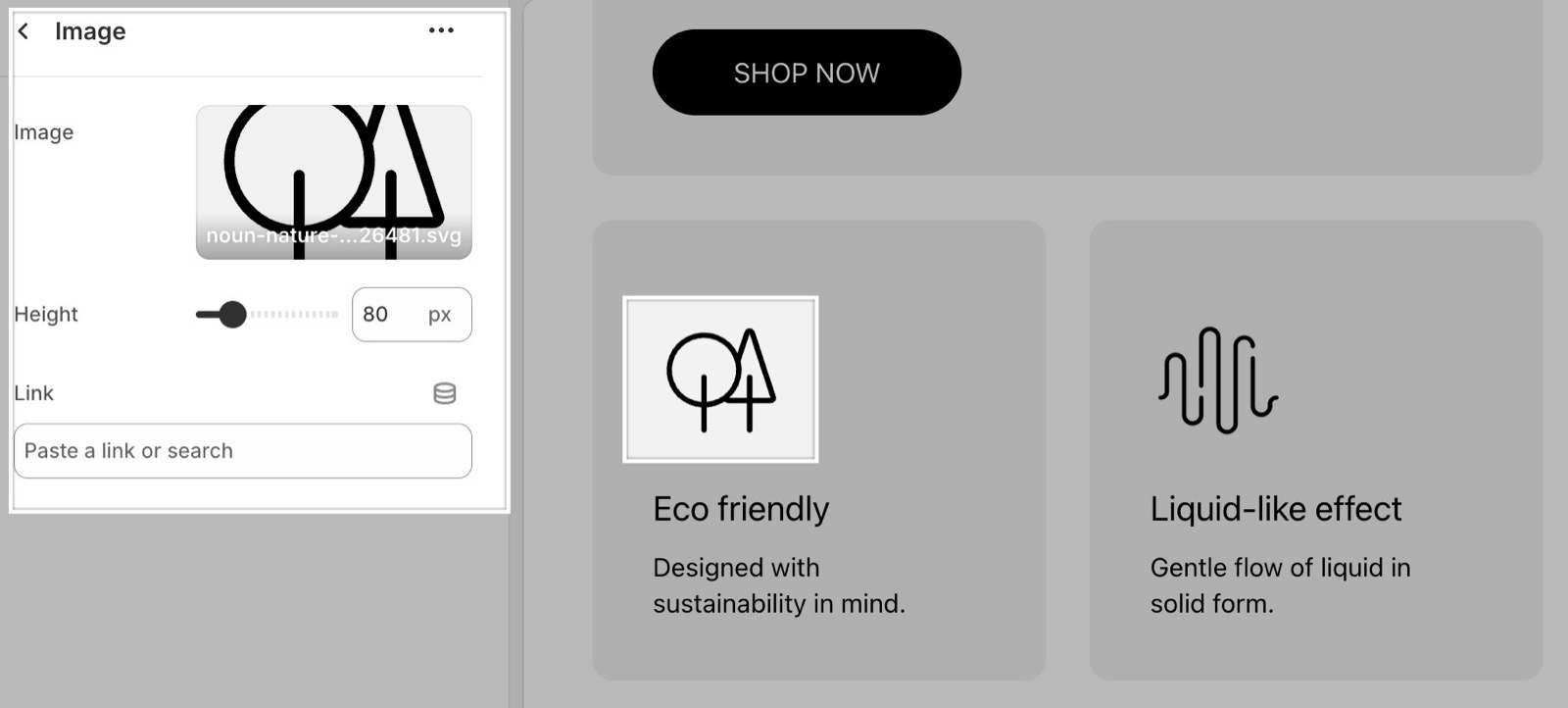 Theme editor Image block (Image, Height 80 px, Link) beside an Eco friendly text card where the line-art tree icon is the image.