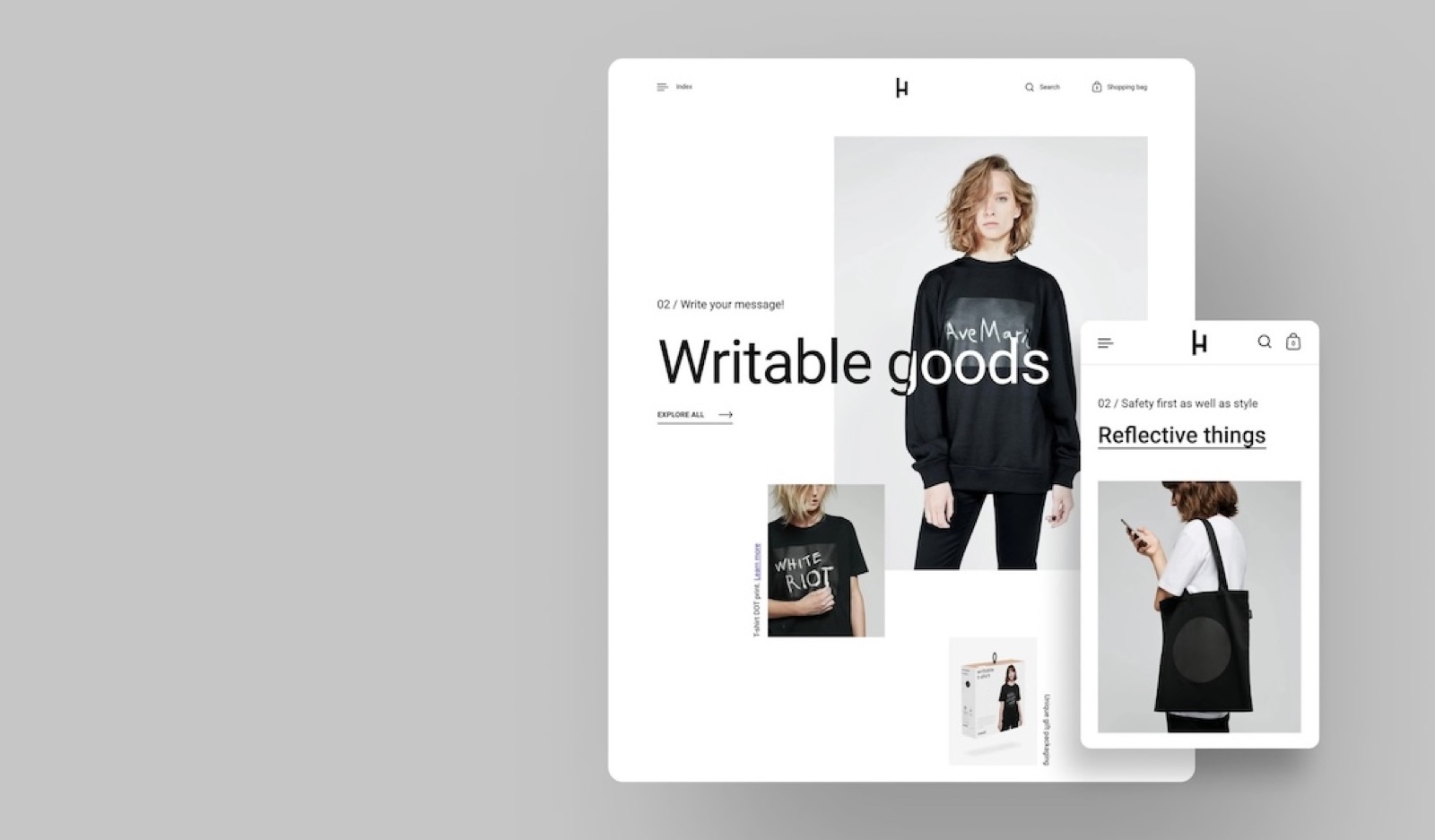 The Highlight theme, Modern preset, on desktop and mobile: a stationery store with the headline "Writable goods".