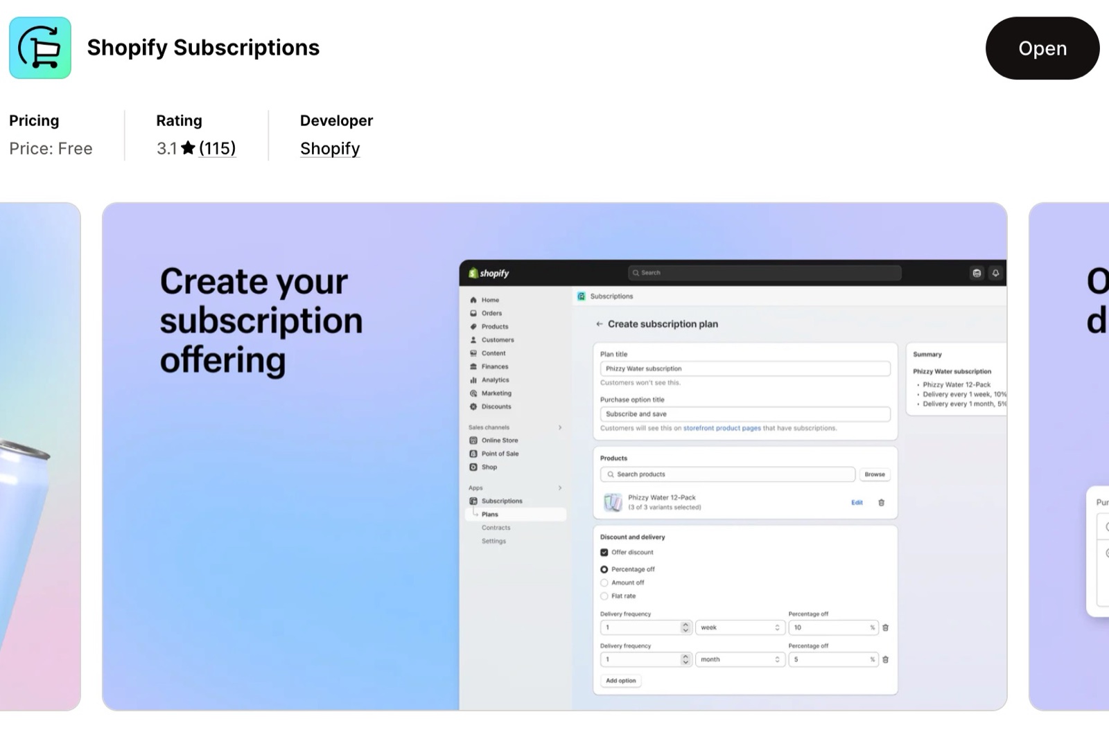 Shopify Subscriptions App Store listing by Shopify: free, and a banner "Create your subscription offering".