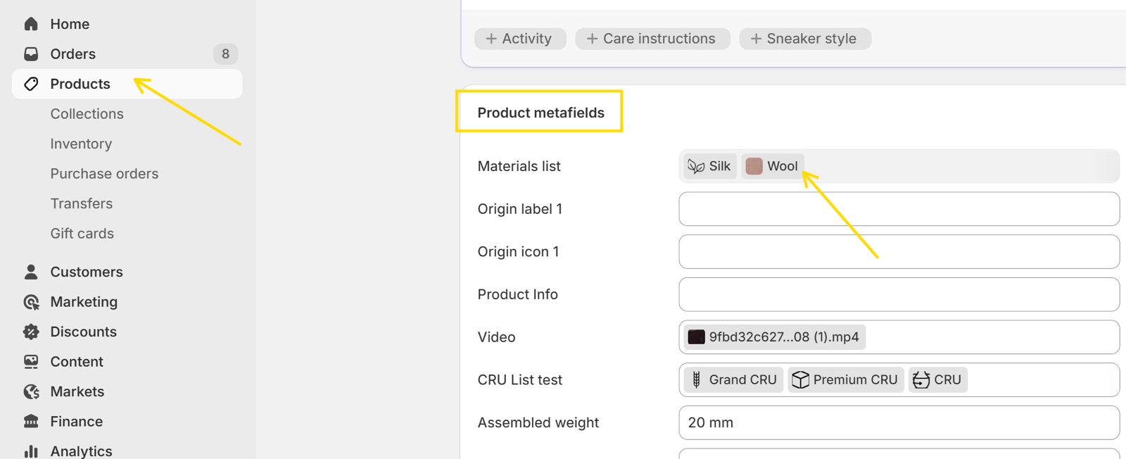 Product page in Shopify admin: the Product metafields card with the Materials list metafield holding the entries Silk and Wool.