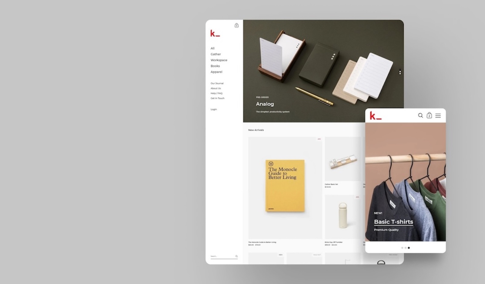 The Kingdom theme, King preset, on desktop and mobile: a store with the signature sidebar navigation on the left.
