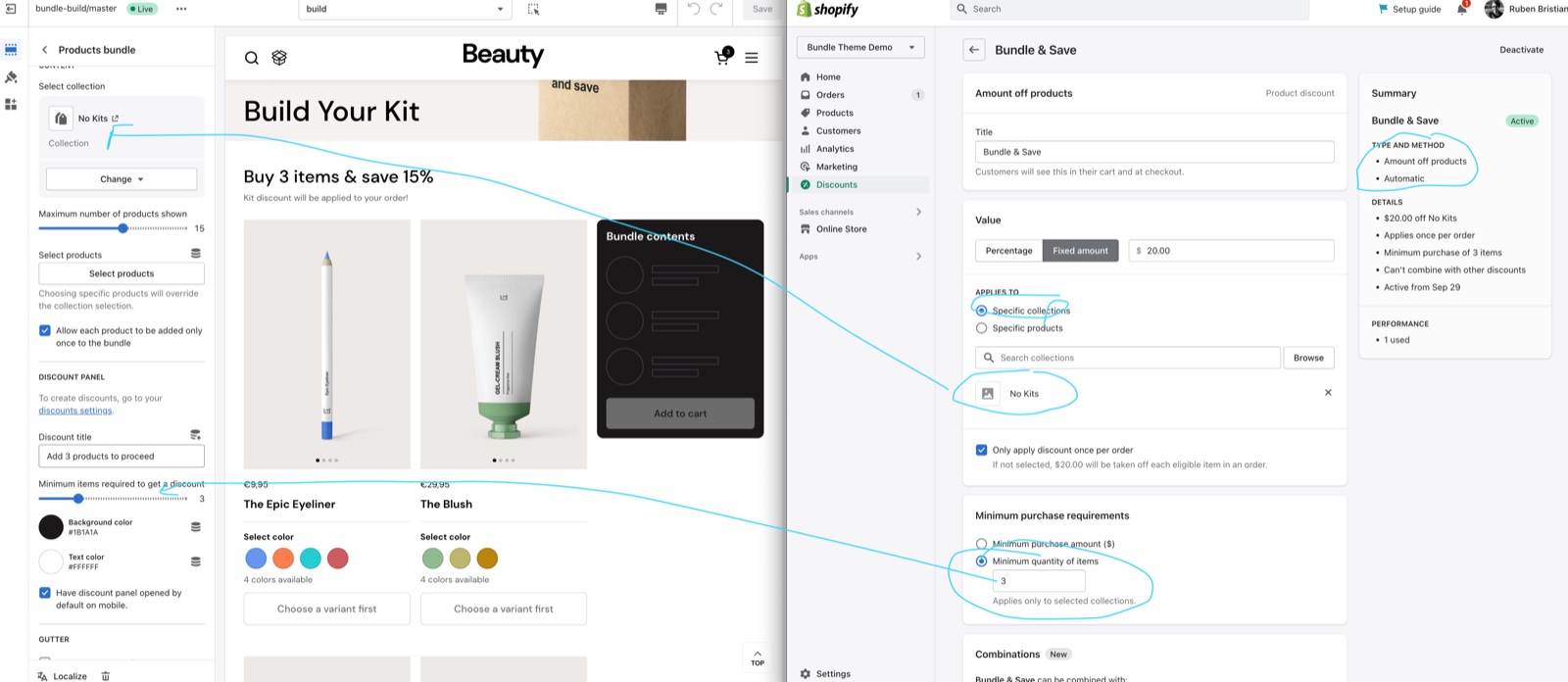 Products bundle "Build Your Kit" settings next to the Shopify admin automatic discount "Bundle & Save": $20.00 off the "No Kits" collection, once per order, minimum quantity of 3 items, matching the section collection and minimum items.