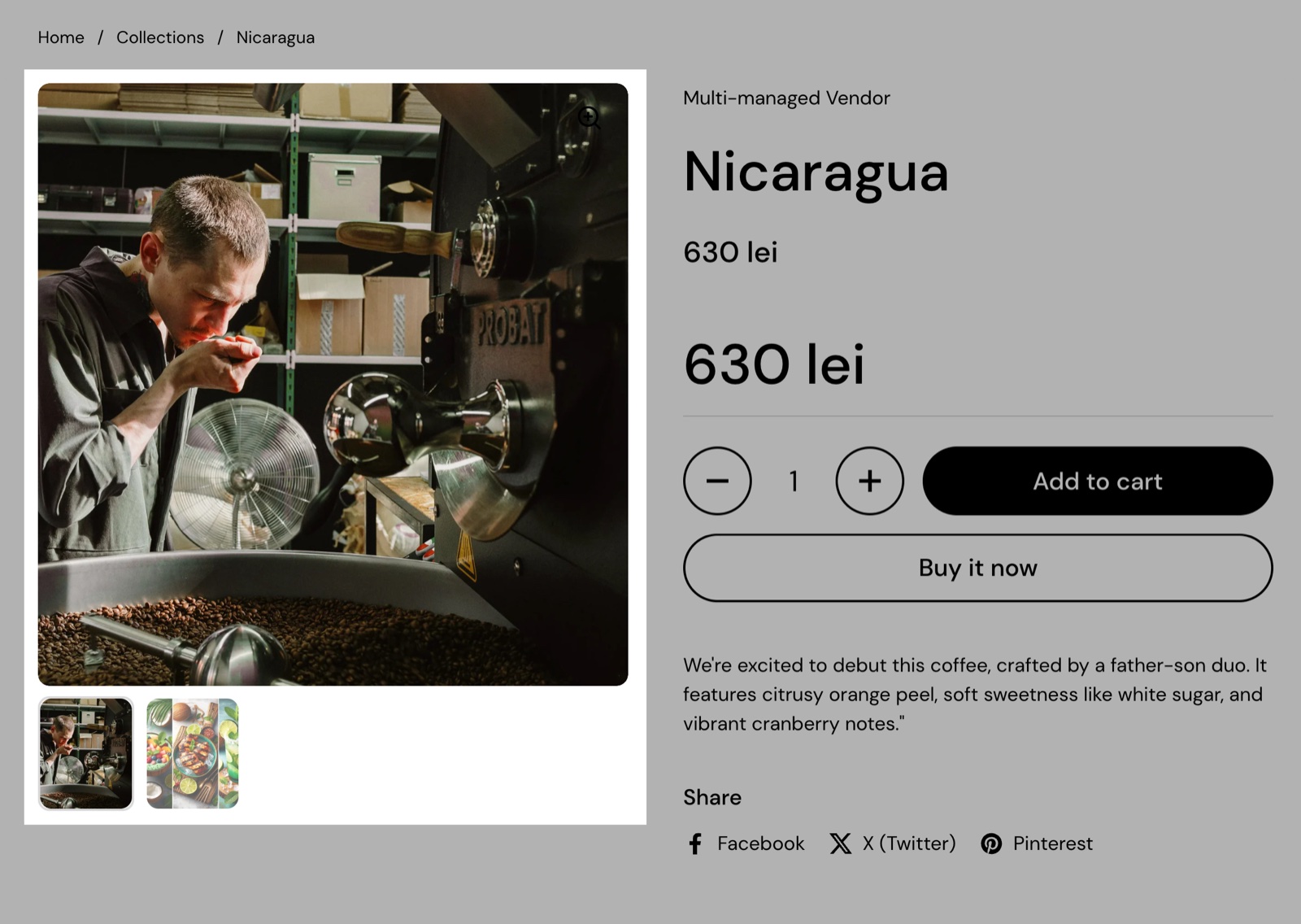 Product page gallery slider with the Gallery slider pagination set to Thumbnails: small image previews under the main image.