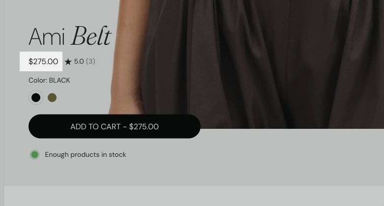 Storefront product page with the Product price block highlighted: the price $275.00 beside the rating for Ami Belt.