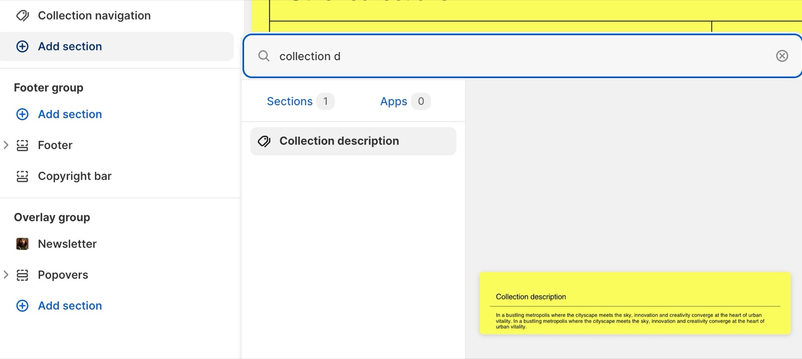 Theme editor Add section search for collection d on the collection template, returning the Collection description section with a preview of the heading Collection description and the collection text.
