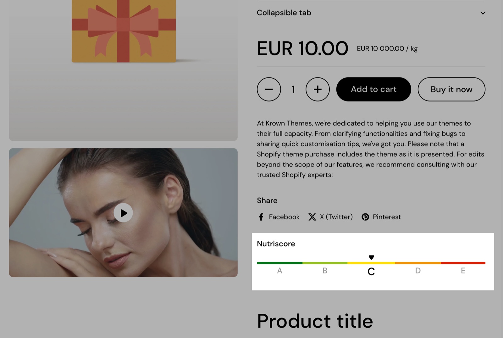 Product page with a Nutriscore block highlighted: the A to E scale from green to red with C marked as the active item.