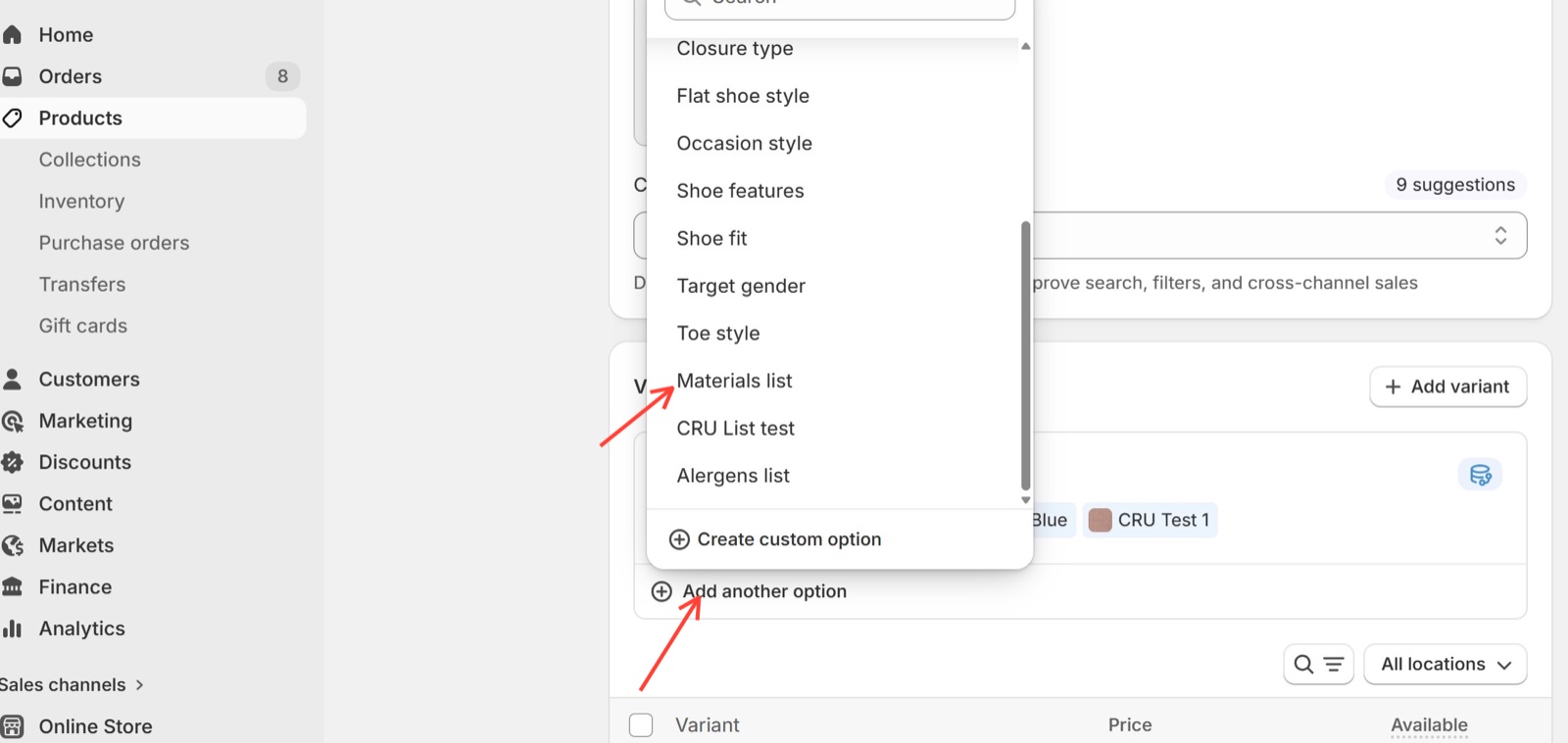 Shopify admin product Variants card: the Add another option list with Materials list among the suggested metafield-linked options.
