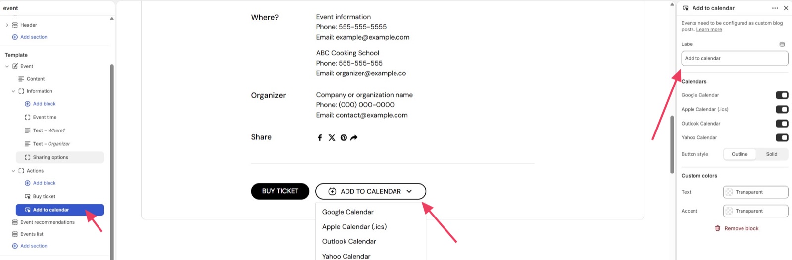 Theme editor on the event template with the Add to calendar block selected: Label, Calendars (Google Calendar, Apple Calendar (.ics), Outlook Calendar, Yahoo Calendar), Button style and Custom colors, beside the Buy ticket button and the open Add to calendar menu.