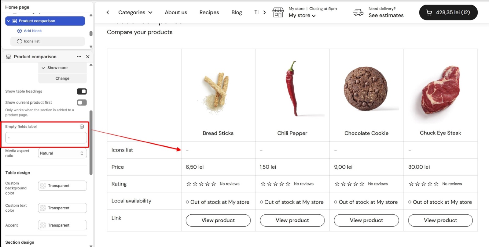 Product comparison section with Empty fields label set to "-": the Icons list row shows a dash for products without a value.