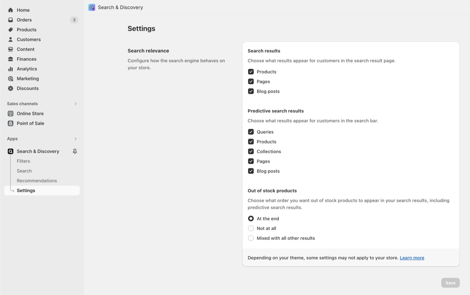 Shopify admin Search & Discovery app Settings page with Search results, Predictive search results checkboxes for Queries, Products, Collections, Pages and Blog posts, and Out of stock products ordering options.