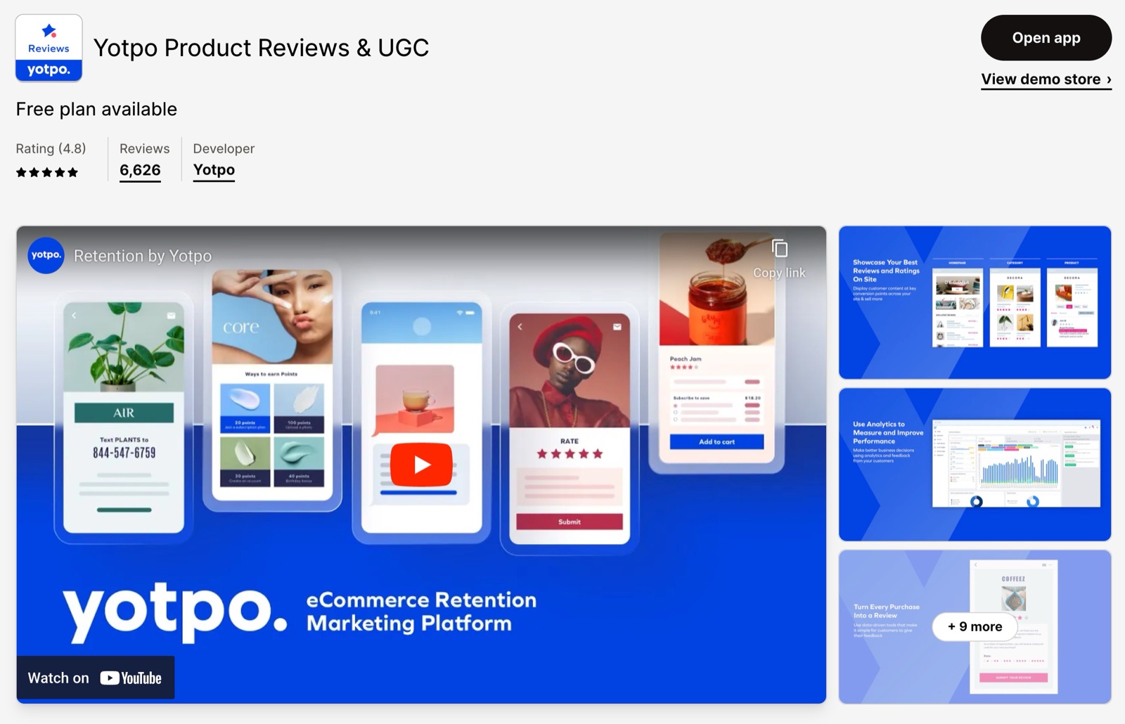 Yotpo Product Reviews & UGC App Store listing in December 2023: price line, rating, review count and the app's promo video.