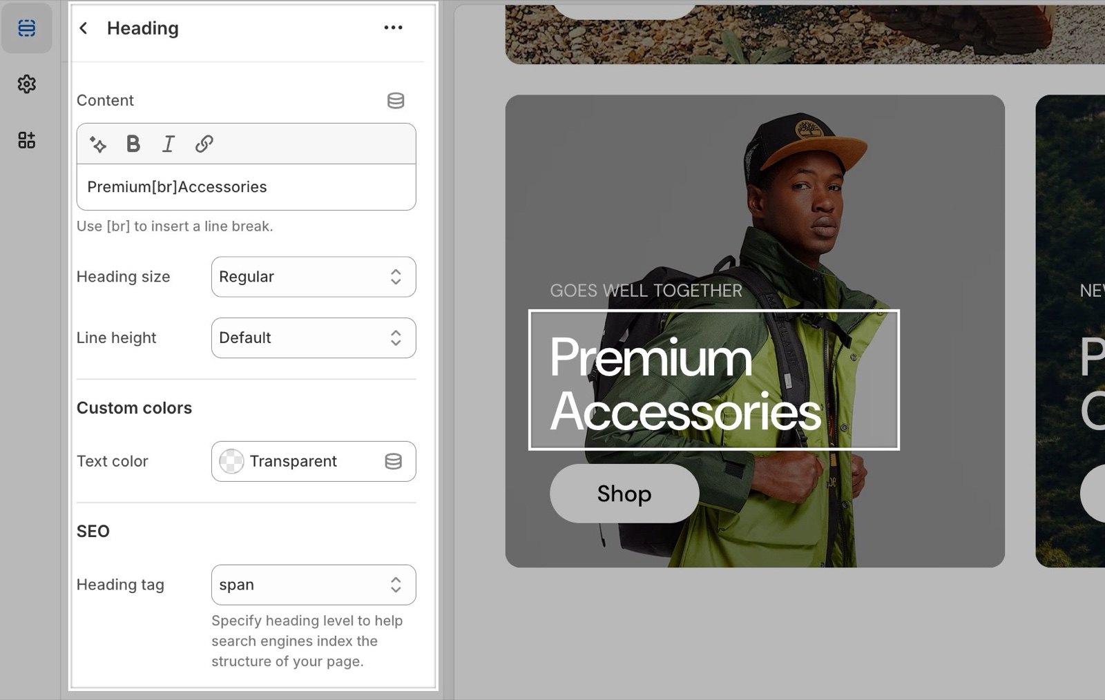 Heading block panel with Content "PremiumbrAccessories", the hint Use br to insert a line break, Heading size Regular, Line height Default, Custom colors → Text color and SEO → Heading tag span, beside a slide whose heading breaks onto two lines.