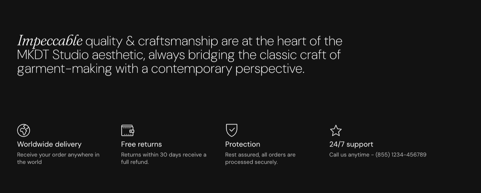 Storefront on a dark background: a large statement heading with an accent italic first word above four icon columns (Worldwide delivery, Free returns, Protection, 24/7 support).