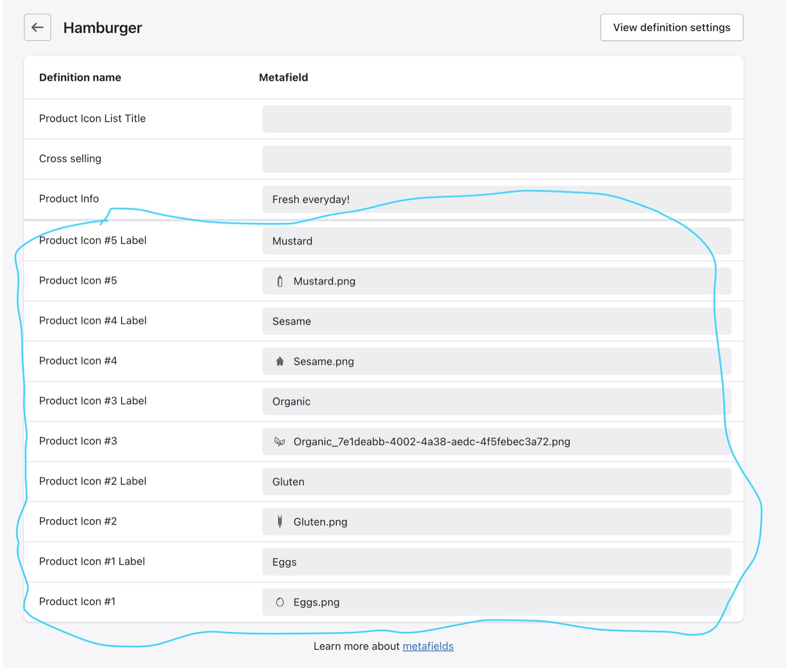 Shopify admin metafields of the product Hamburger: Product Icon #1 to #5 hold image files (Eggs.png, Gluten.png, Organic.png, Sesame.png, Mustard.png) and each Product Icon Label holds its text (Eggs, Gluten, Organic, Sesame, Mustard).