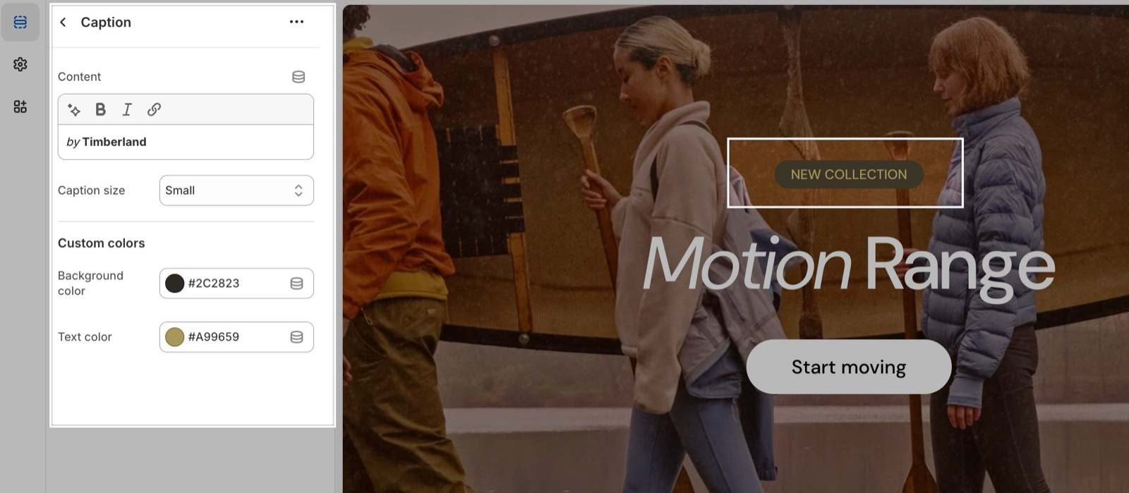 Caption block panel with Content "by Timberland", Caption size Small and custom Background color and Text color, beside a slide where the caption shows as a NEW COLLECTION badge.