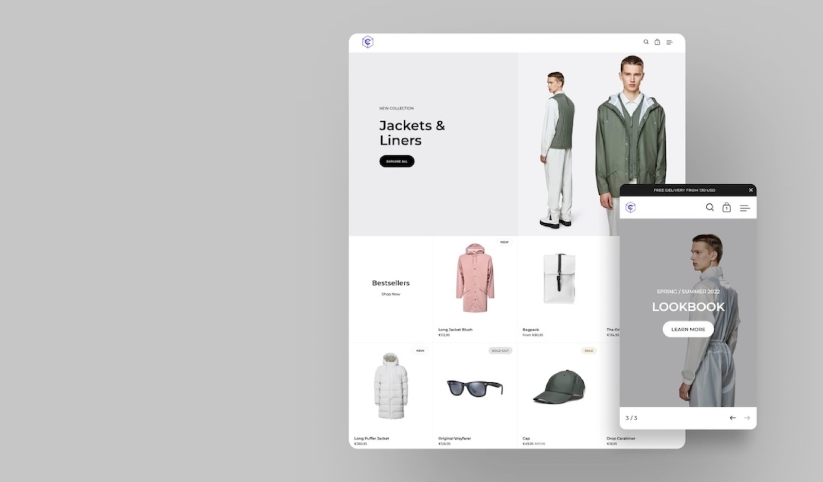 The Split theme, Cuber preset, on desktop and mobile: an outdoor clothing store with the headline "Jackets & Liners".