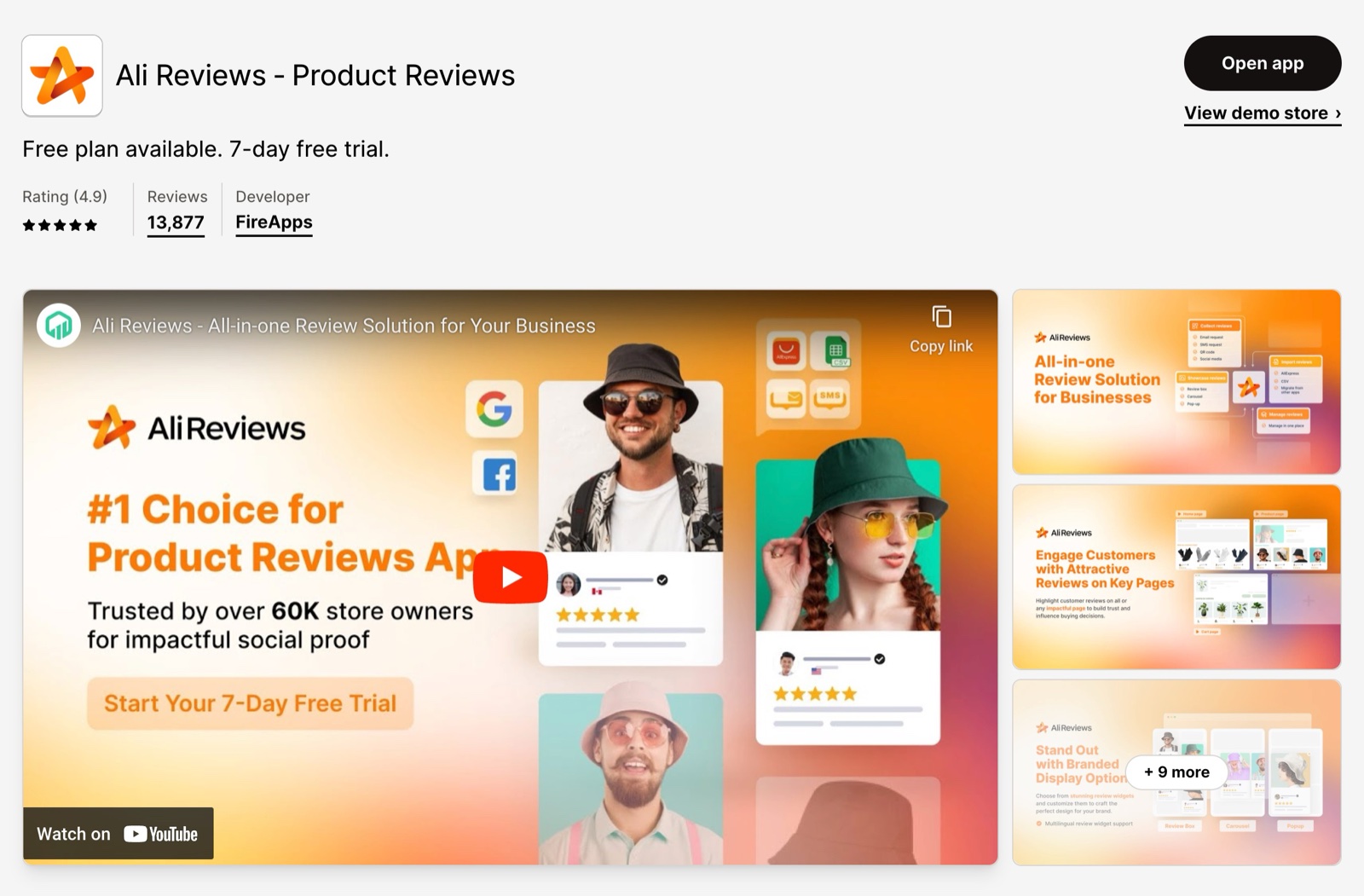 Ali Reviews – Product Reviews App Store listing in December 2023: price line, rating, review count and the app's promo video.
