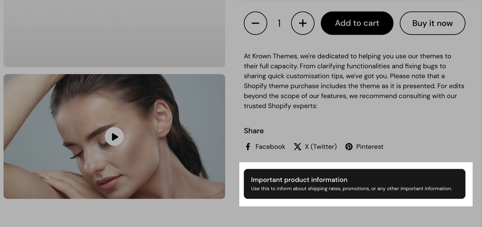 Product page with a Text banner block highlighted: a dark banner with the title Important product information and a line of text.