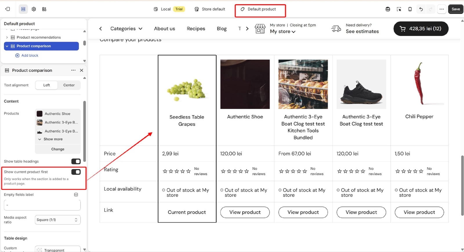 Product comparison section on the Default product template with Show current product first on: the viewed product, Seedless Table Grapes, is the first, outlined column, followed by the four picked products.