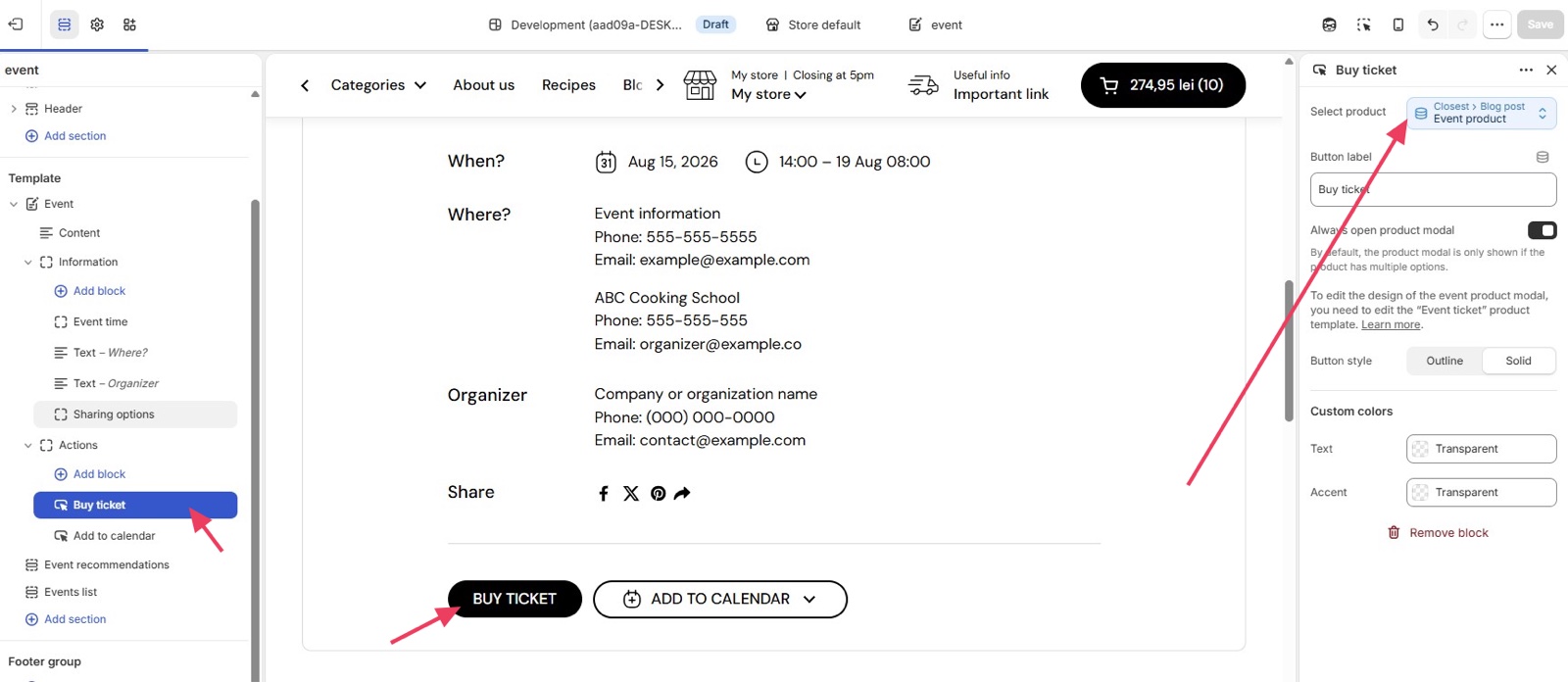 Theme editor on the event template with the Buy ticket block selected: Select product connected to the blog post Event product metafield, Button label, Always open product modal, Button style and Custom colors.