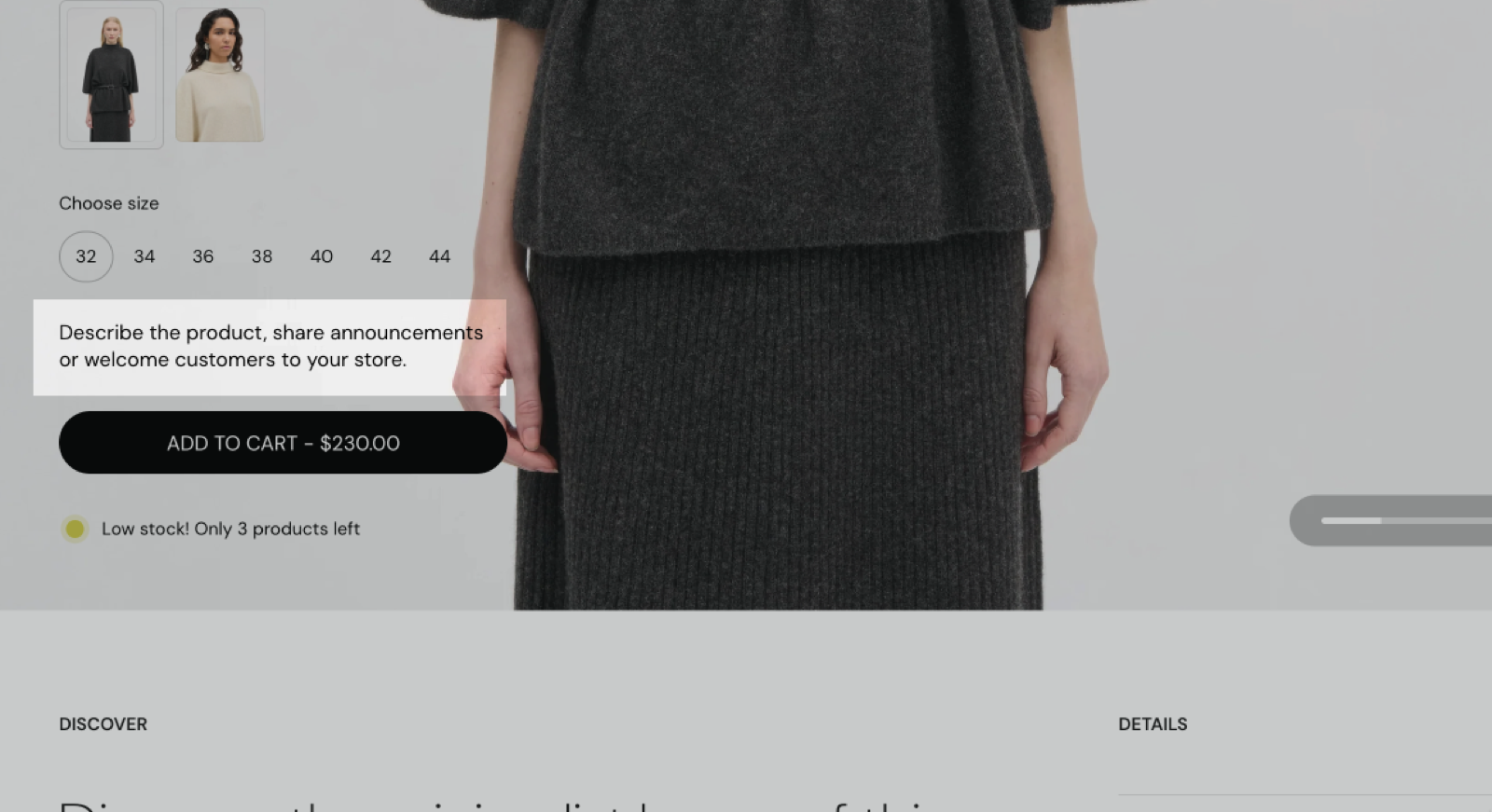 Storefront product page with the Product description block highlighted: placeholder text between the size selector and the Add to cart button.
